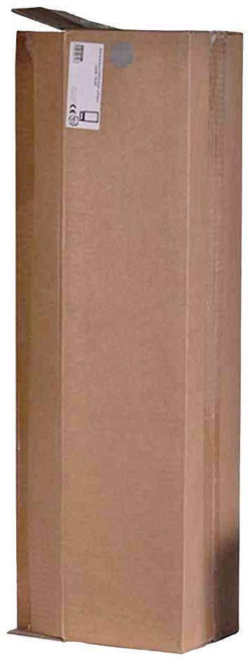 A long, narrow, closed cardboard box stands vertically, potentially suitable for storing or shipping large items.