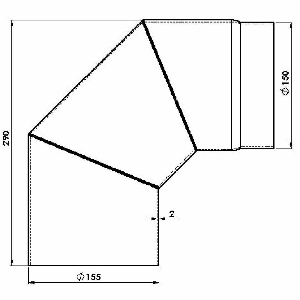 Technical drawing of an angled pipe section, 150 mm diameter, 290 mm height, showing dimensions and angles of pipe connections.