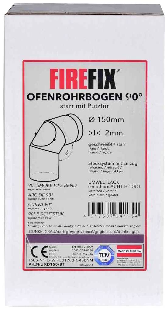 Stove Pipe 90° Bend with Cleaning Aperture by Firefix. Rigid 150 mm Elbow, Ø ≥ 2 mm. Environmentally-friendly paint, dark grey. TÜV-tested, Manufactured in Austria.