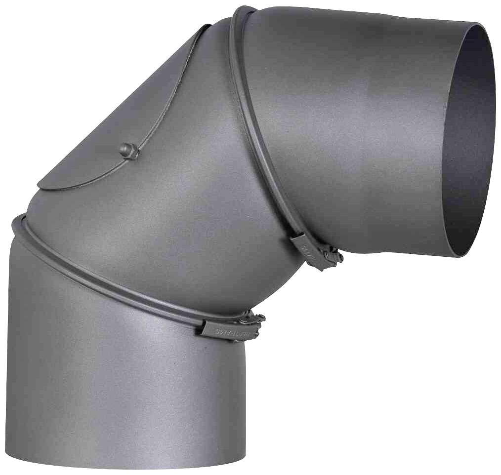 A grey, angled stovepipe with two tension rings shows the transition from a straight to a curved section.