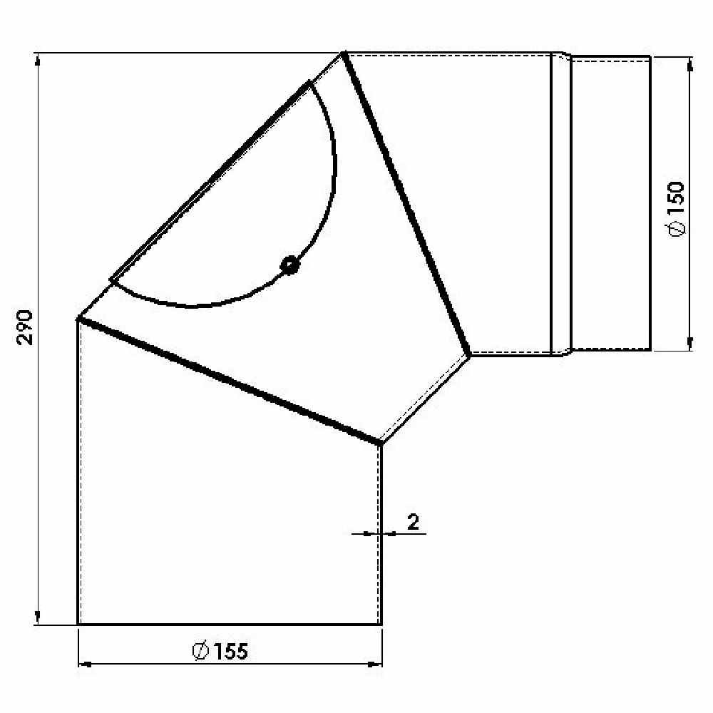 'Technical drawing of a pipe connector with a 90-degree angle. Diameter: 155 mm and 150 mm. Length: 290 mm.'