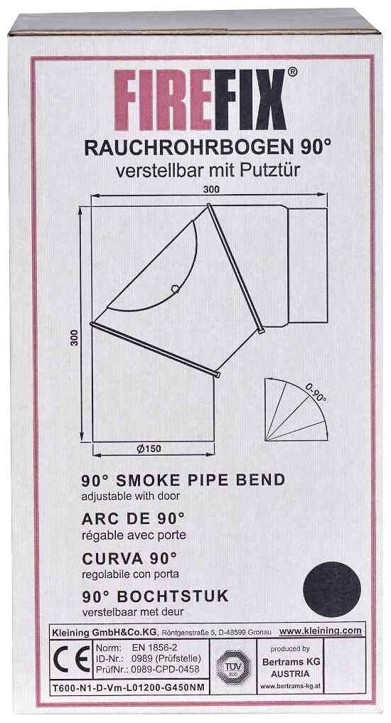 'FireFix Smoke Pipe Elbow 90°' - Image on packaging of an adjustable 90-degree pipe bend with cleaning access, dimensions and manufacturer details shown.