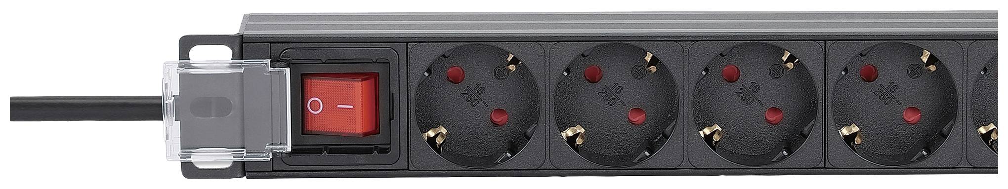 A black multi-socket extension with four sockets and a red on/off switch.
