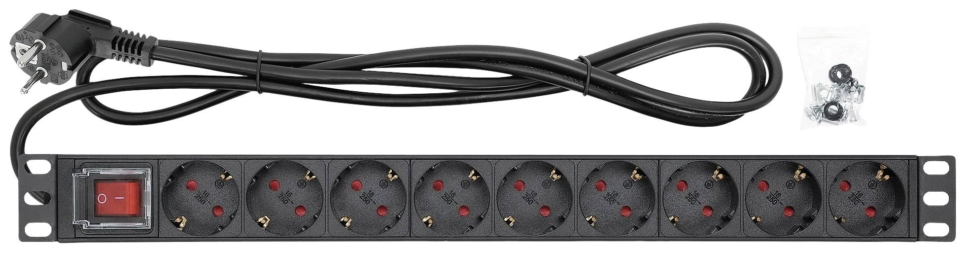 Power strip with ten Schuko sockets and black cable, including on/off switch and mounting hardware.