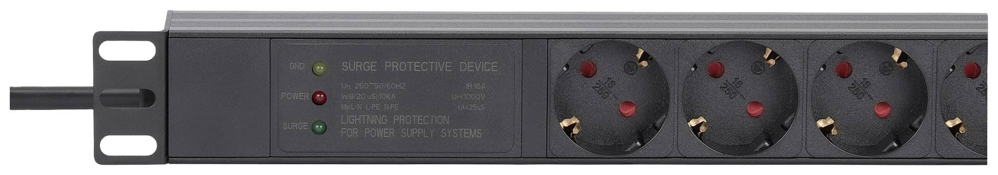 Black power strip with multiple sockets and indicator lights. Suitable for offices or technical environments.