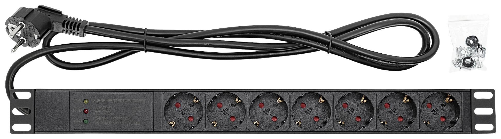 A black eight-socket extension lead with a long power cable and detachable mounting materials positioned beside it.