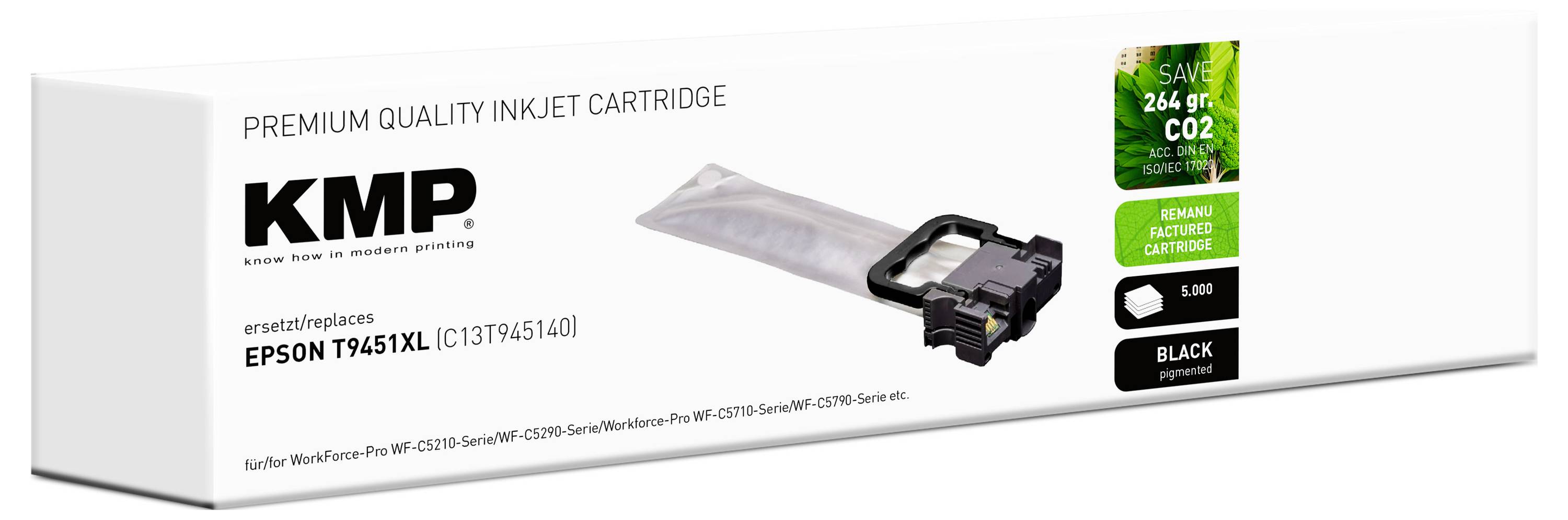 Box packaging for a premium quality inkjet cartridge compatible with Epson T9451XL. Highlights savings of 264 grams of CO2.