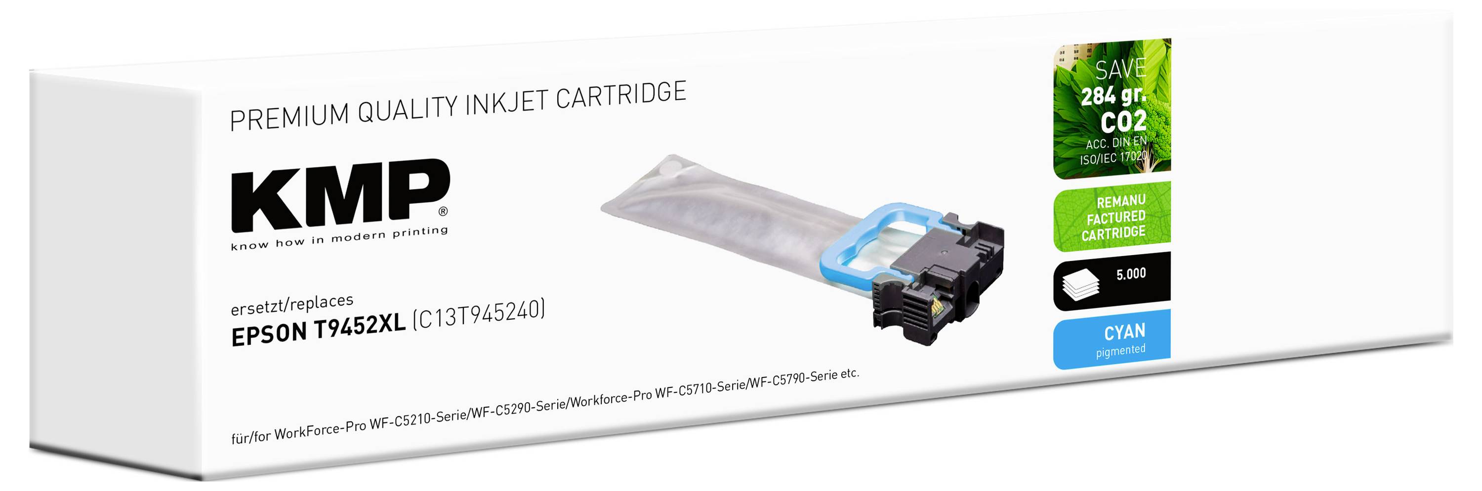 KMP premium quality inkjet cartridge, compatible with Epson T9452XL. Contains cyan ink, offers print savings, and CO2 reduction.