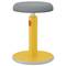 A yellow, height-adjustable swivel stool with a grey seat and red button, suitable for flexible seating in offices.