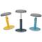 Three height-adjustable stools in Yellow, Charcoal Grey and Teal with a round seat and curved base. Perfect for flexible seating solutions.