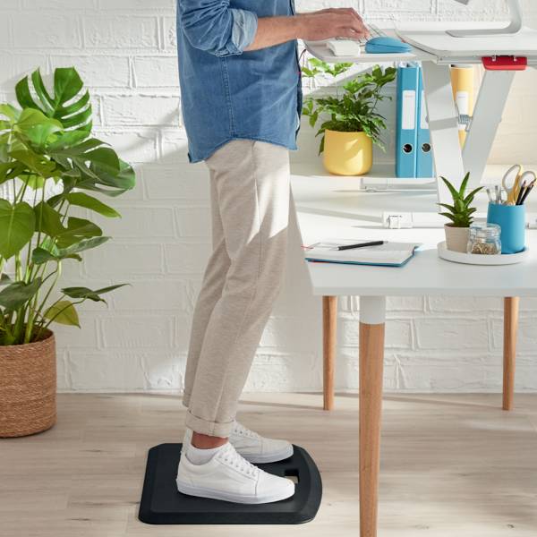 A person is standing at an adjustable-height desk, working. Plants and folders are visible in the background.