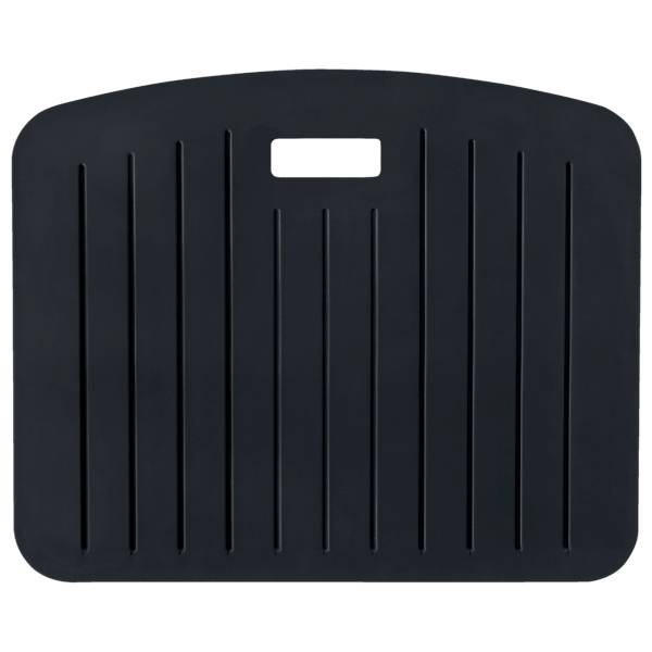 Black, rectangular plastic mat with vertical lines and a carrying handle at the top. Suitable for kneeling or as a seat cushion.