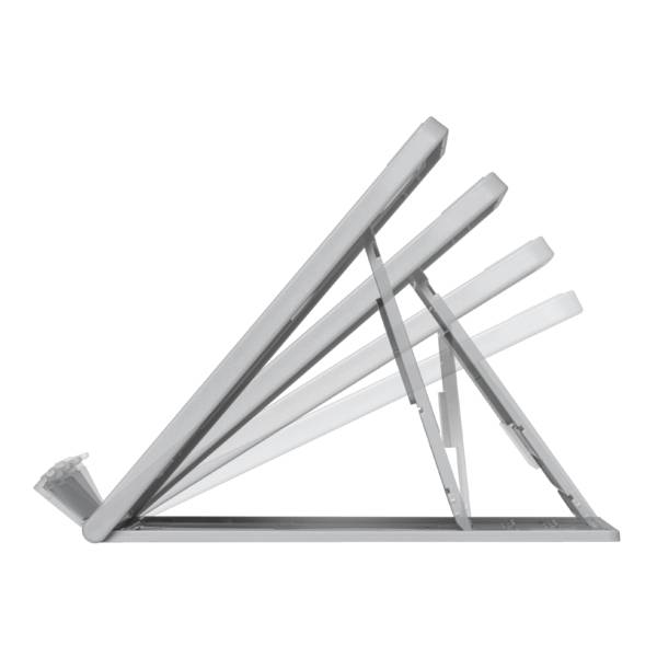 An adjustable tablet stand shows multiple tilt angles. The grey metal stand enables various viewing perspectives.