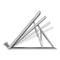 An adjustable tablet stand shows multiple tilt angles. The grey metal stand enables various viewing perspectives.