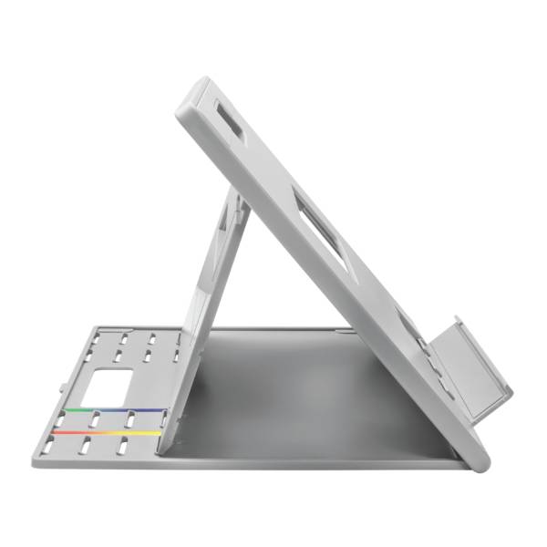 A white, adjustable tablet stand, viewed from the side, shows various angle and height positioning options.