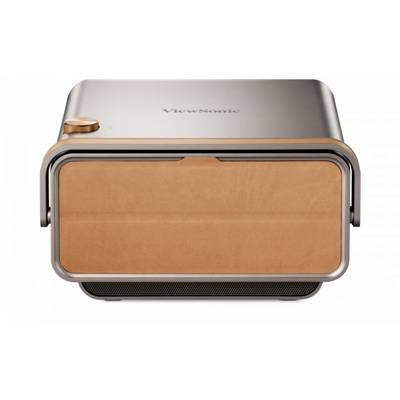 A stylish, compact projector with a metallic casing and a light orange accent on the front.