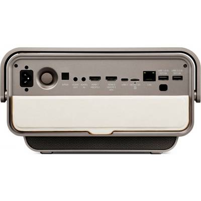 Back of an electronic device with multiple ports: Power, HDMI, Audio In, Audio Out, USB, LAN and Micro-USB.