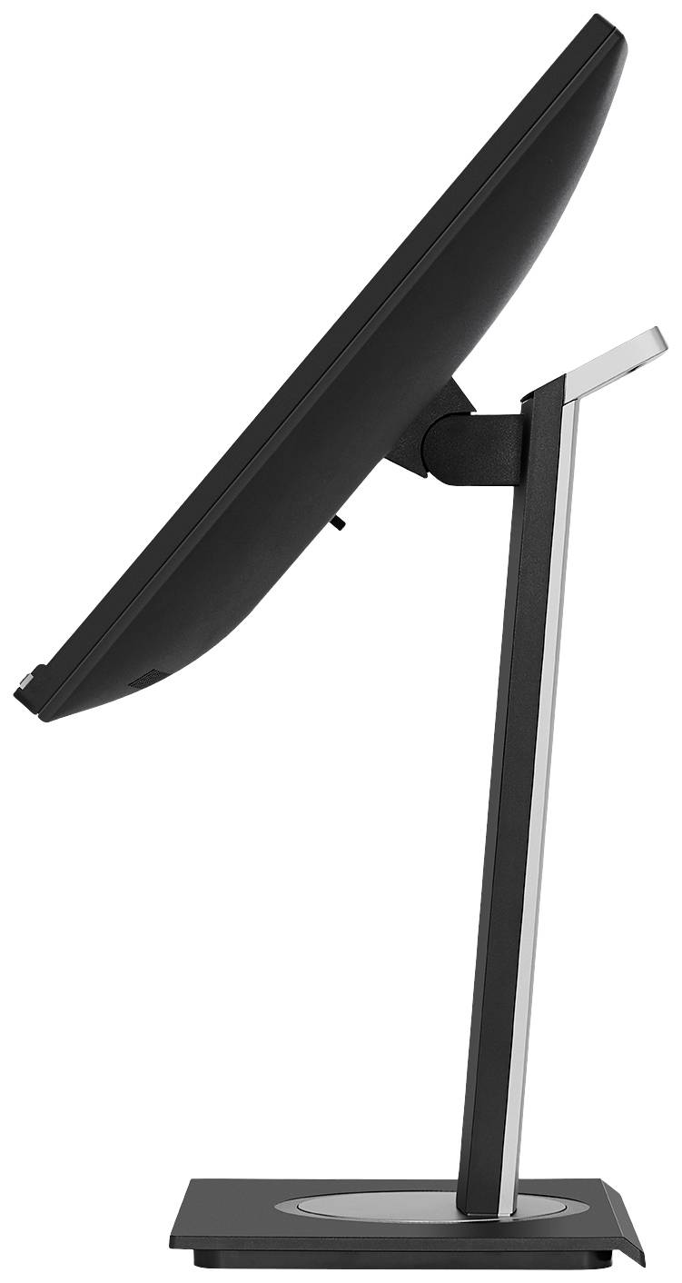 Side view of a modern computer monitor with a slim bezel and adjustable stand on a desk.