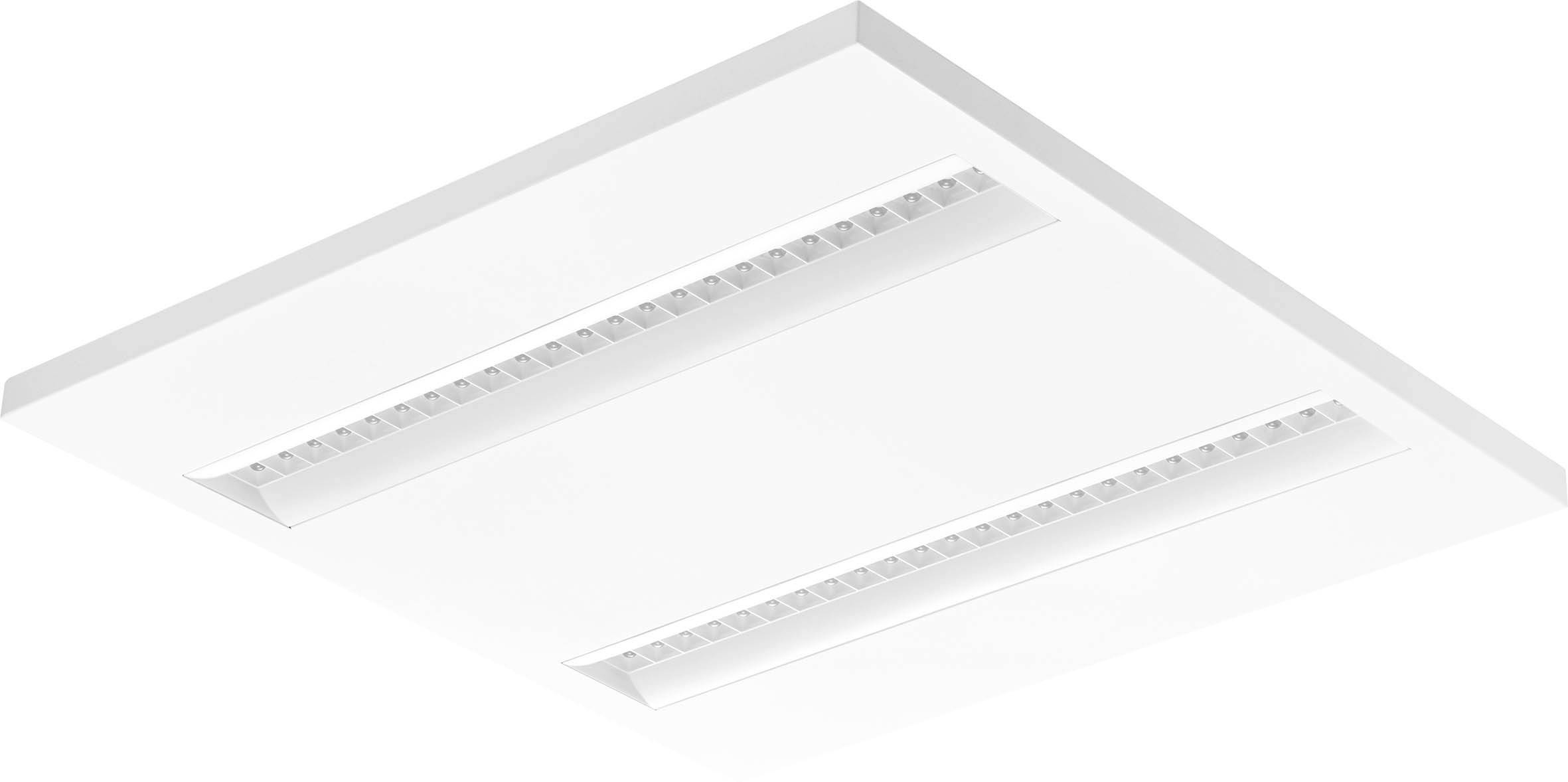 Square white LED ceiling light with two parallel light bars in the centre. Minimalist design for modern interiors.