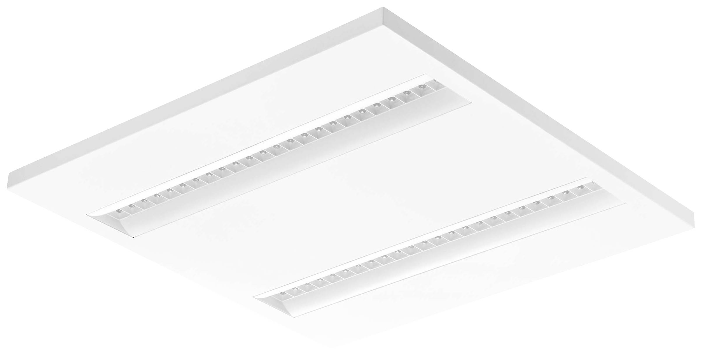 White, square ceiling light with two slim light strips, suitable for modern interiors.