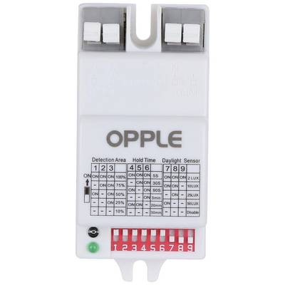 Sensor with 'OPPLE' logo, buttons for adjusting detection range, hold time, and daylight sensor. Tables show options and values.