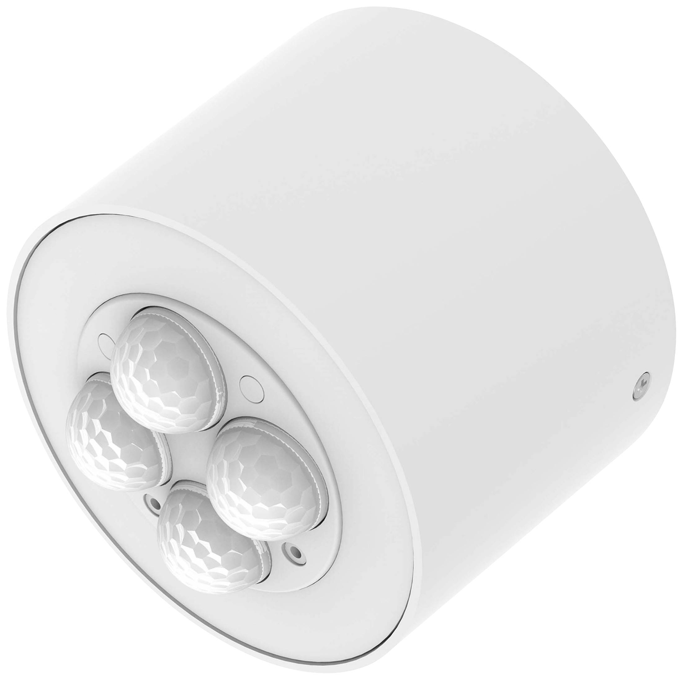 A white cylindrical motion sensor with three sensors is shown. The detector is suitable for ceiling or wall mounting.