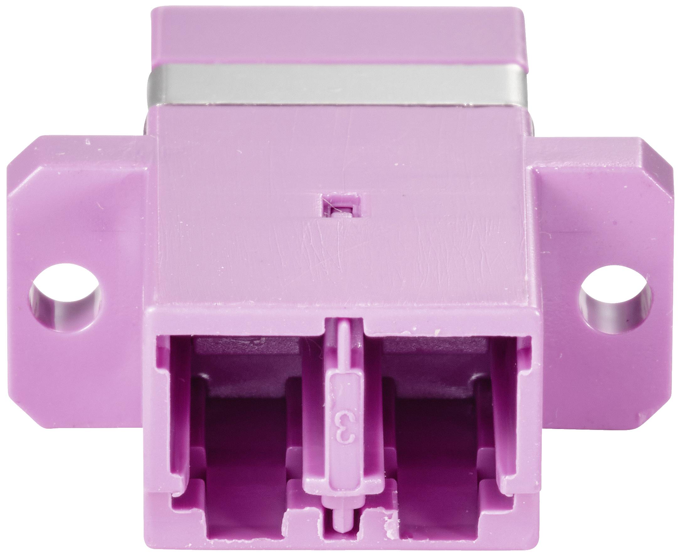 A pink adapter plug with two openings and metallic elements, suitable for fibre optic connections.