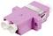 A pink optical fibre adaptor coupling with two ports. Used for connecting fibre optic cables in network systems.