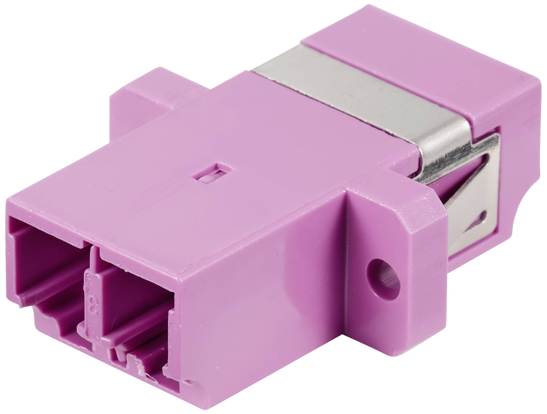 A pink fibre optic coupler with two ports, used for connecting fibre optic cables.