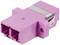 A pink fibre optic coupler with two ports, used for connecting fibre optic cables.