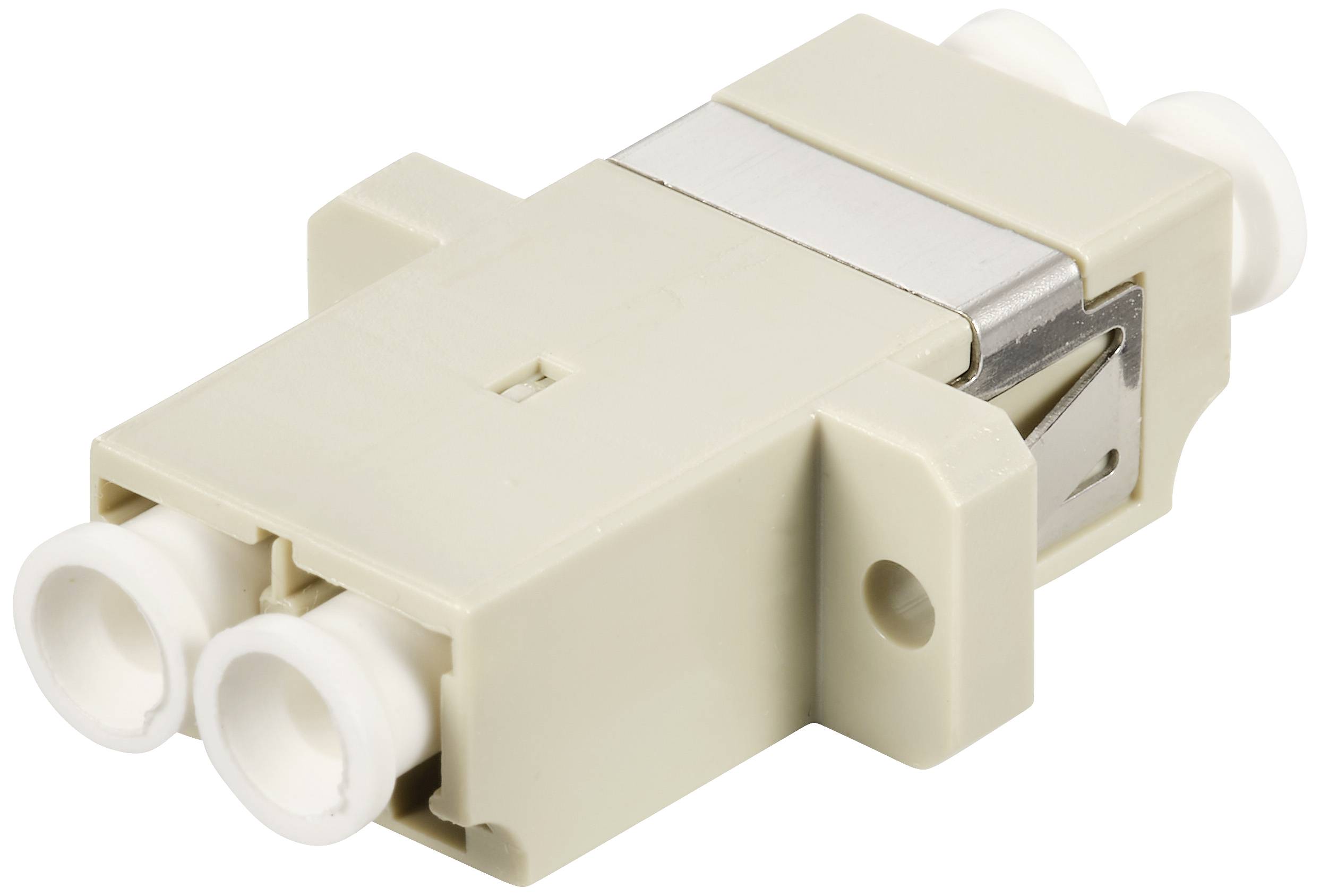 Beige SC-duplex adaptor for fibre optic cable with plastic housing and metal clip, featuring two optical connector sockets.