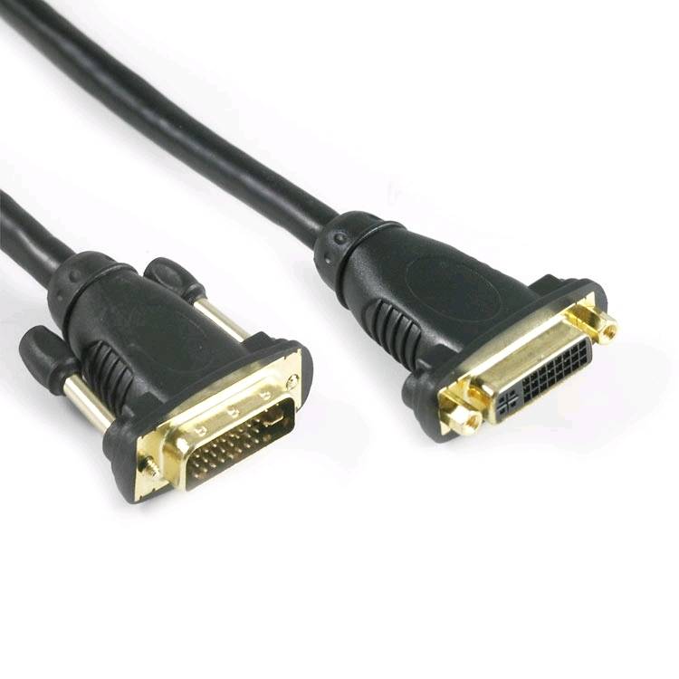 A black DVI-D cable with two plugs featuring gold contacts. It is used to connect computers to monitors.