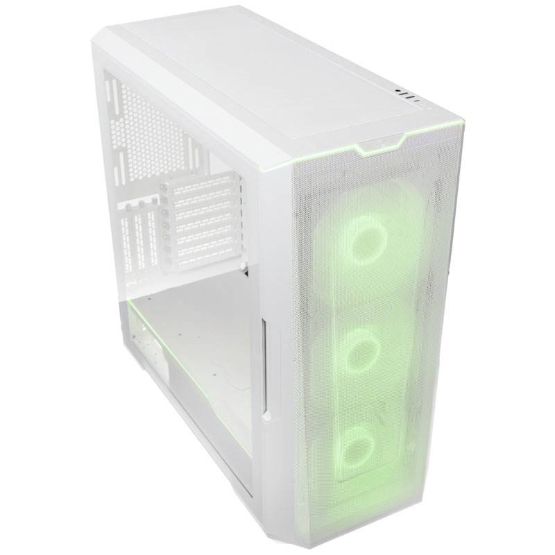 White computer case with a side glass panel and green-illuminated fans at the front.
