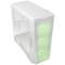 White computer case with a side glass panel and green-illuminated fans at the front.