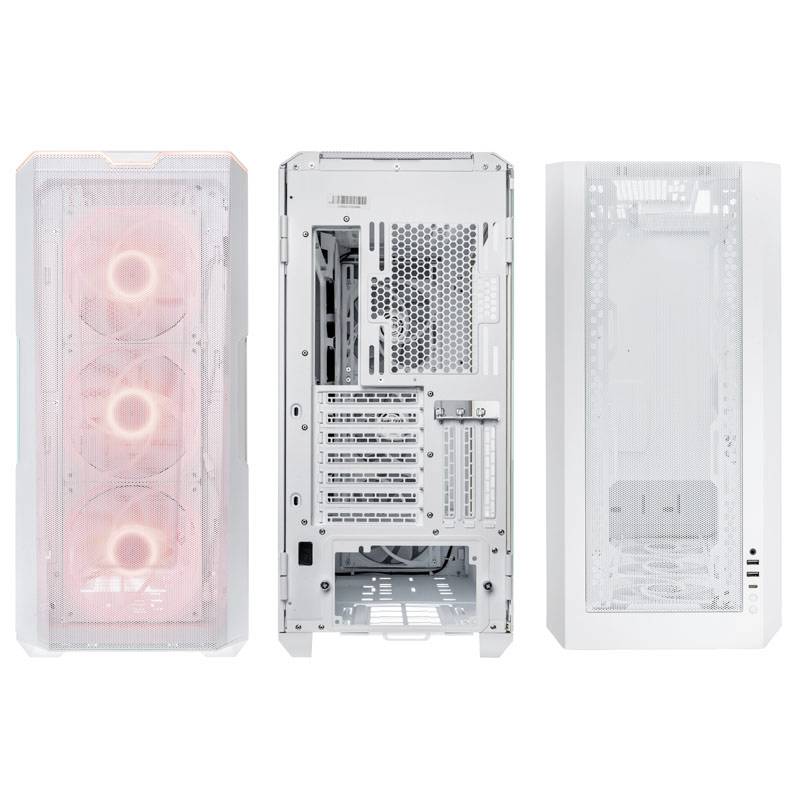 Three images of a white computer case: Front view with illuminated fans, rear view with connections, and side view with the panel open.