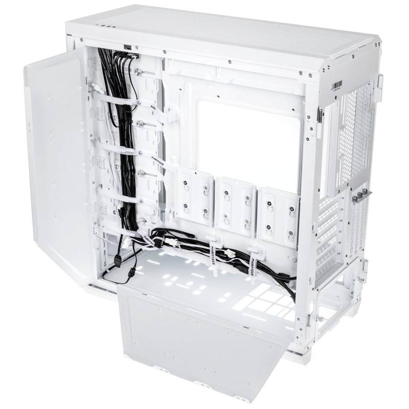 Open, white computer case with a view of cable management and empty hard drive bays. Ideal for neat hardware installation.