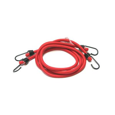 A red tension strap with two metal hooks at the ends, knotted in the middle, lies on a white surface.