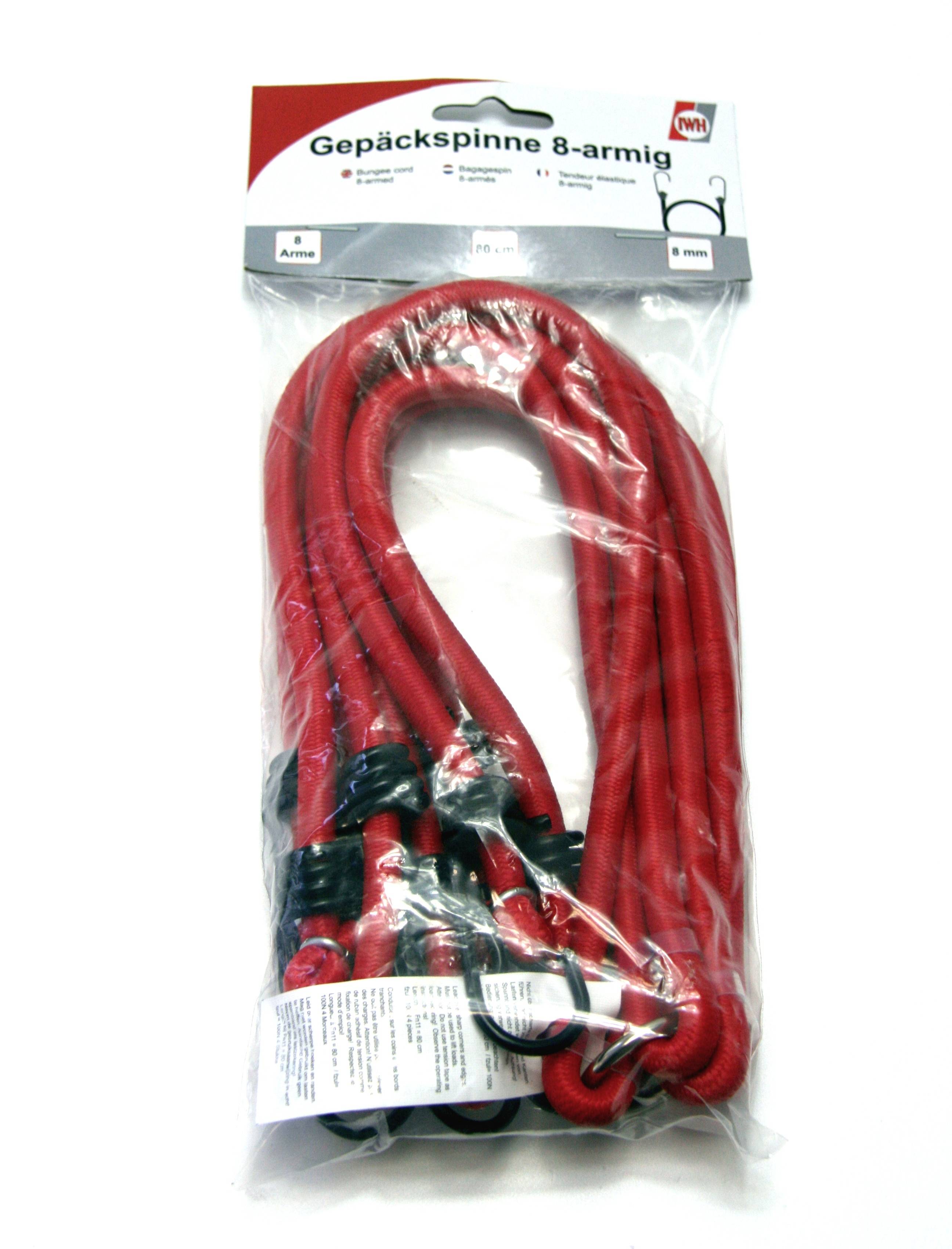 Red, 8-armed cargo net in packaging with hooks. Packaging shows brand and note about 8-arm configuration. Suitable for securing cargo.