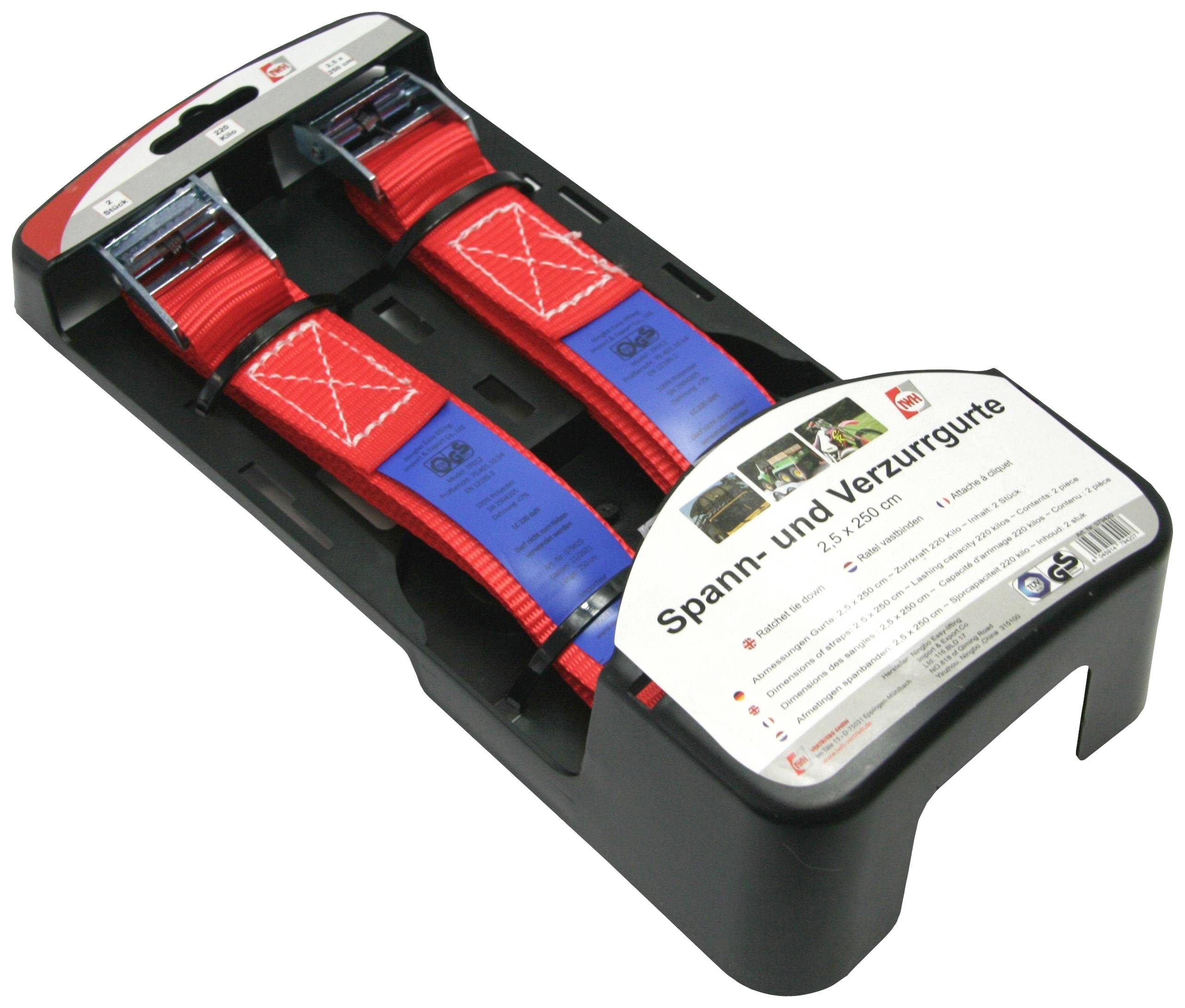 Pack of two red tensioning and lashing straps, suitable for securing loads, with blue labels and metal buckles.