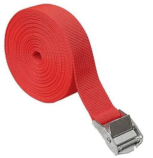 Red tension strap with metal buckle, rolled up. Used for securing loads.