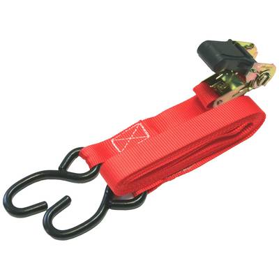 Red tension strap with two black hooks and a ratchet, for cargo securing on vehicles.