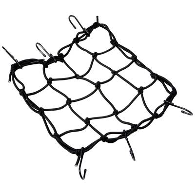 Black, elastic luggage net with hooks. Suitable for securely fastening items on roof racks or load areas.