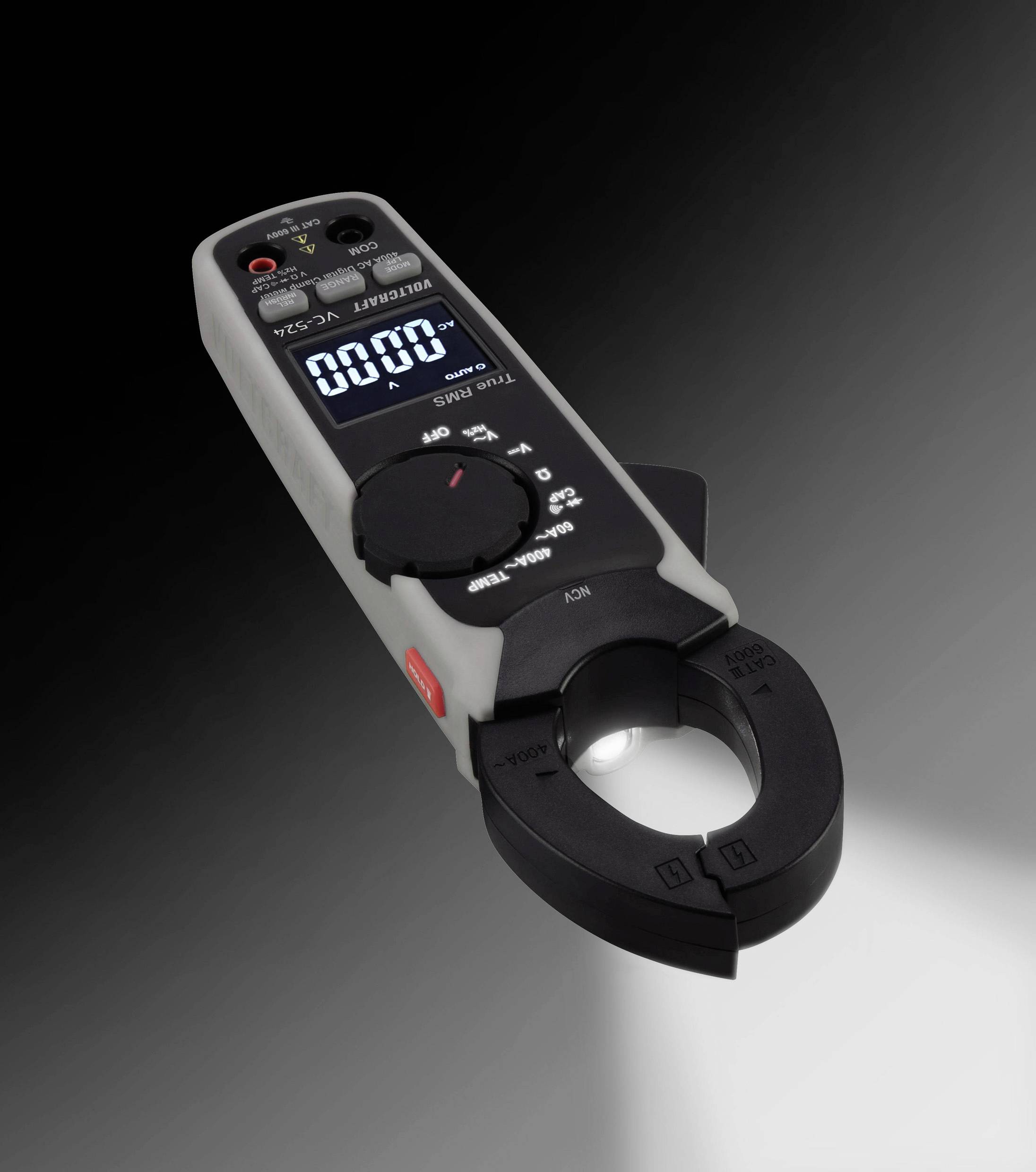 A digital clamp multimeter is showing '000' on the display. It has measurement functions for voltage and current and features an illuminated display.