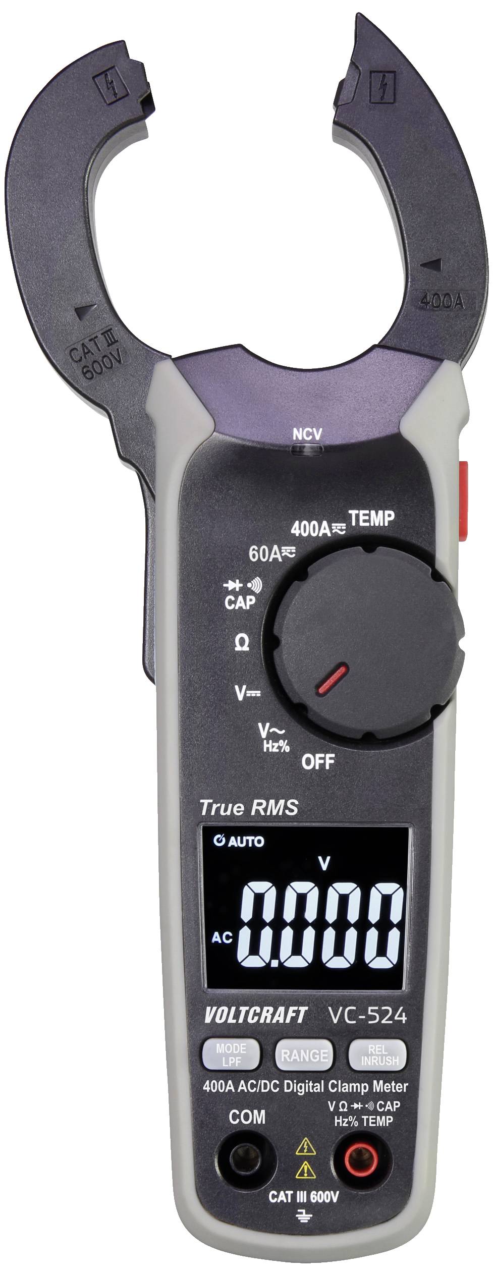 Digital clamp multimeter with LCD display, showing AC voltage of 0.000V. Includes selector switch for functions such as TEMP, CAP, Hz.