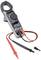 Digital clamp meter with LCD display, showing measurement values. Contains two test leads, red and black, connected.
