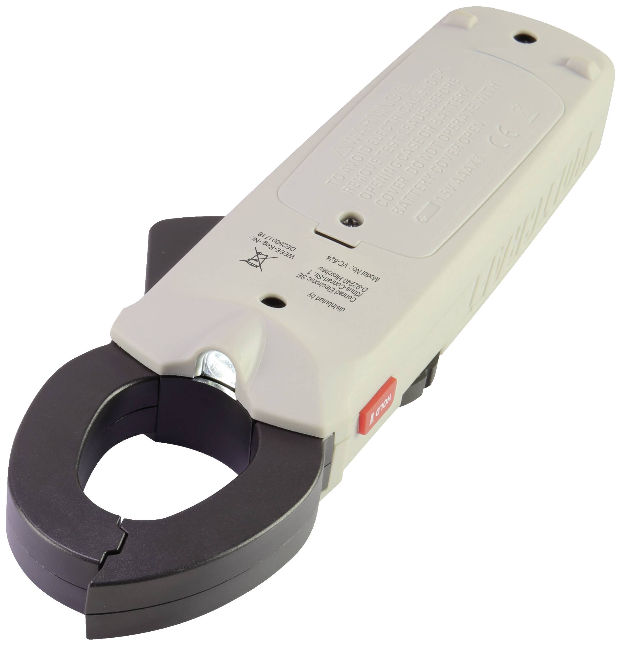 A grey electrical measuring device with a clip-like probe, primarily used for measuring current in electrical circuits.