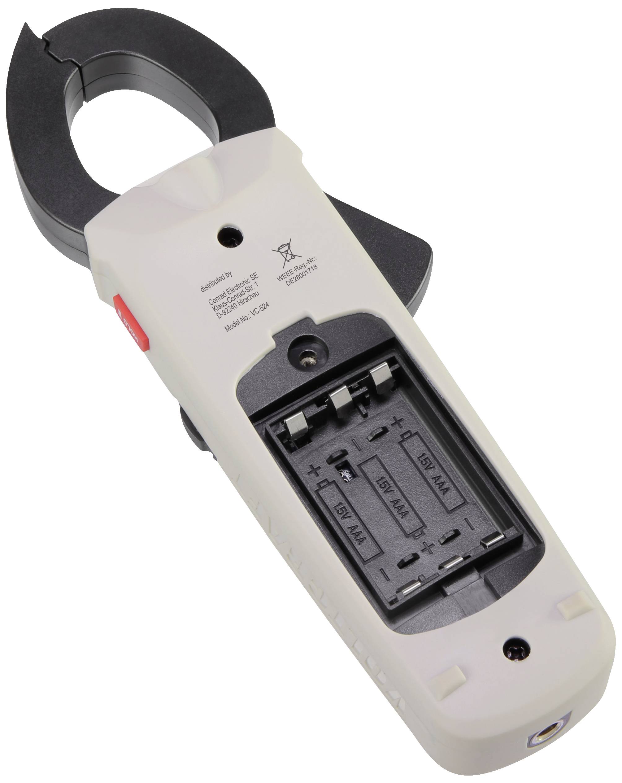 Digital clamp meter with open battery compartment and visible batteries. Suitable for measuring electrical currents.