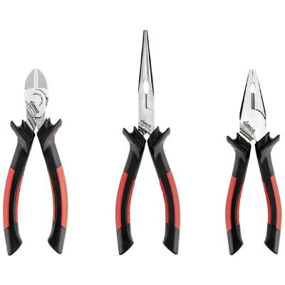 Three different pliers in a row: a side cutter, a needle-nose plier and a combination plier, each with black and red handles.