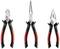 Three different pliers in a row: a side cutter, a needle-nose plier and a combination plier, each with black and red handles.