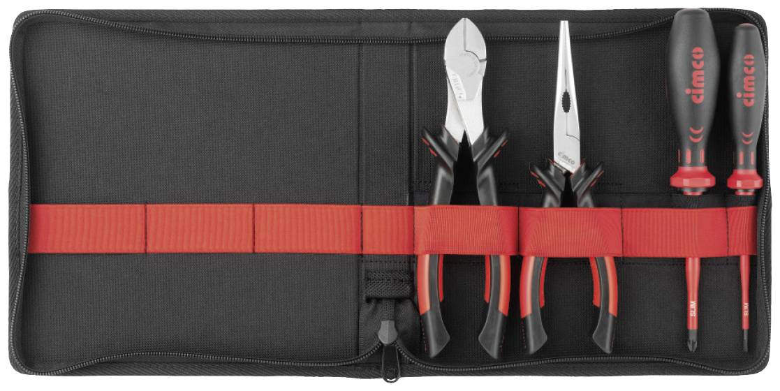 Tool bag with pliers, side cutters, two screwdrivers and a voltage tester, held by red loops.